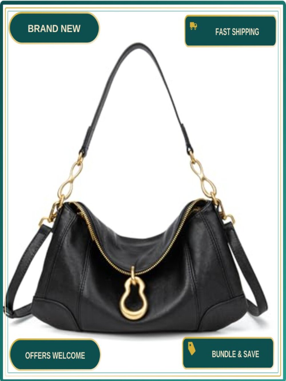 Small Hobo Shoulder Bag PU Leather with Gold-Toned Hardware & Zipper Pocket